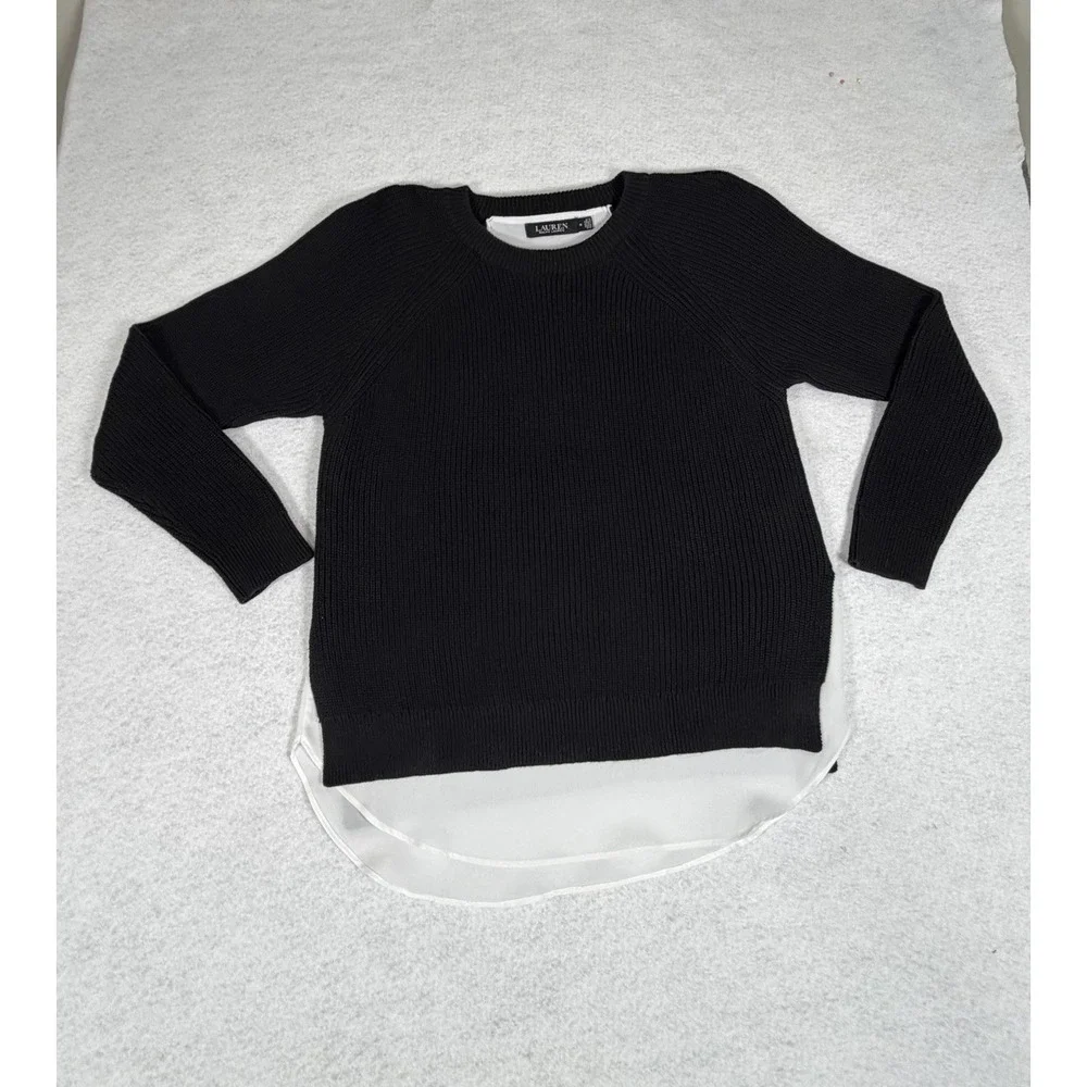 Lauren Ralph Lauren Womens Layered Black Crewneck Sweater Medium Faux Undershirt